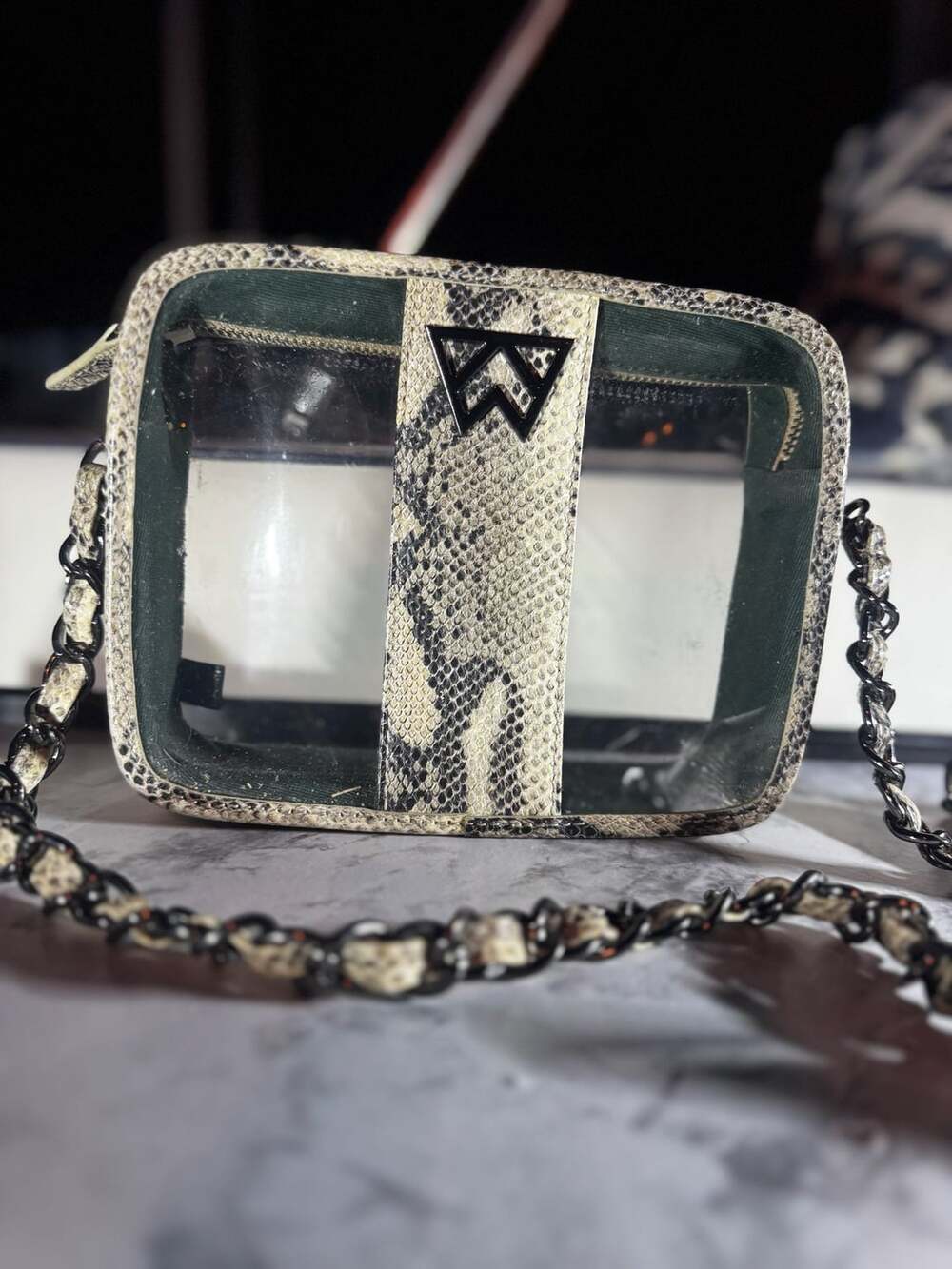 Kelly Wynne Clear Mingle Mingle Mini leather crossbody stadium bag snakeskin